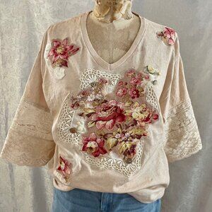 ART TO WEAR-Upcycled-Tea Dyed T Shirt, 3/4 Sleeve. Embellished Flower,  SZ Large